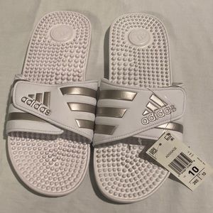 Adidas slides, silver and white, new